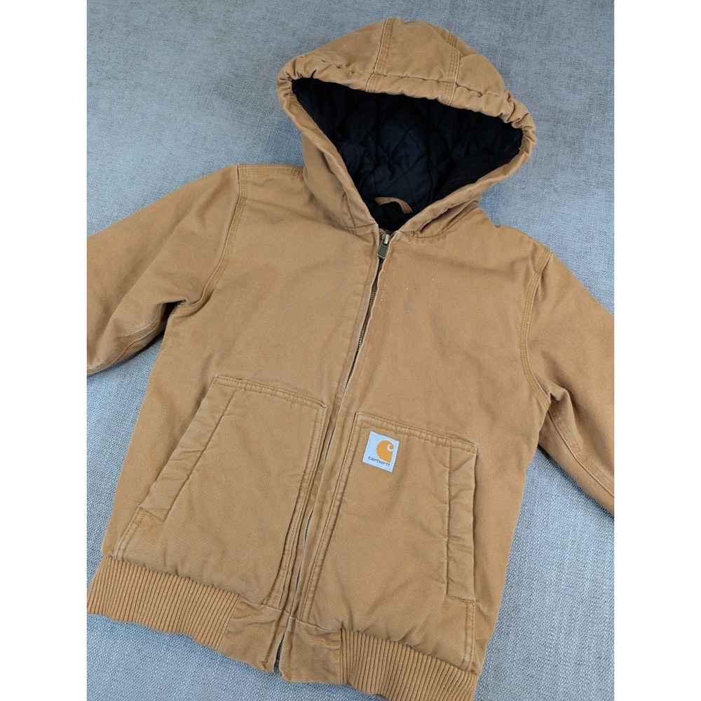 Carhartt Jacket Youth S 7-8 Brown Quilted Lined Hooded Canvas Full Zip #OJ8545-B